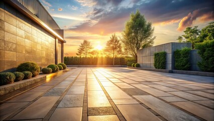 Fototapeta premium Serene Sunset Vista Modern Architecture and Landscaped Courtyard at Golden Hour
