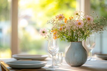 Sunlit dining table with wildflowers in vase, plates, and glasses.