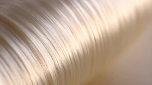 Close up view of flowing cream-colored fibers with blurred, soft focus of textile material and shiny bright glow