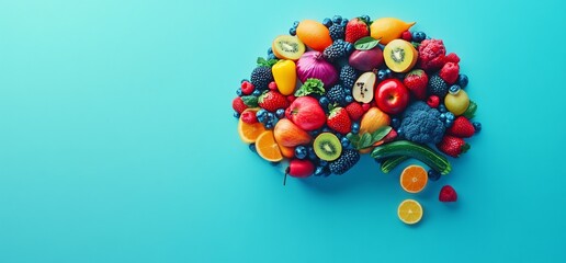 Colorful fruits and vegetables arranged in brain shape on blue background. (1)