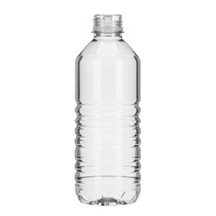 Clear plastic bottle with cap removed, empty, ribbed structure, against a dark background
