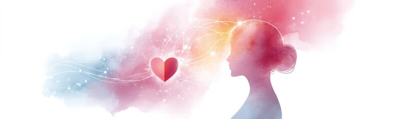 Obraz premium Heart energy driving focus and clarity, motivational tone, bright hues, close up, focus on, copy space, Double exposure silhouette with heart spark and brain focus lines