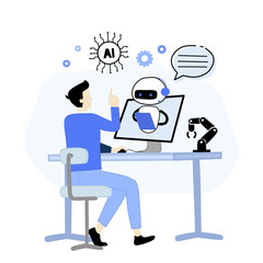 Flat vector illustration of a man interacting with an AI chatbot on a computer screen. Concept of artificial intelligence, virtual assistant, and future technology in communication.
