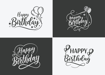 happy birthday typography black color vector design with birthday party element isolated on white background can be use for background, poster and template