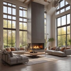 Spacious living room, fireplace, large windows, natural light, home, cozy, luxury