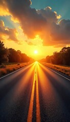 Naklejka premium A sun-baked asphalt road stretches into the distance, shimmering with heat haze, the intense summer sun beating down, conveying a feeling of simmering, frustrated anger , nature, heatwave, glare