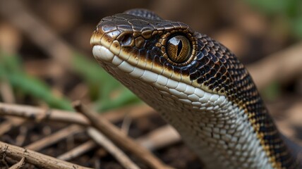 Naklejka premium Close-up of a snake's head, detailed scales and eye