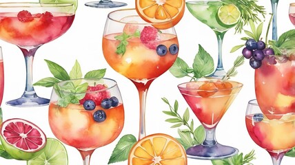 A watercolor of summer cocktails in elegant coupe glasses, featuring vibrant fruits and herbs.