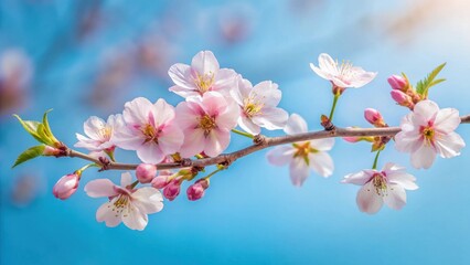 Obraz premium Delicate pink blossoms on a branch against a vibrant blue sky, a symbol of springtime renewal and the beauty of nature's ephemeral wonders.