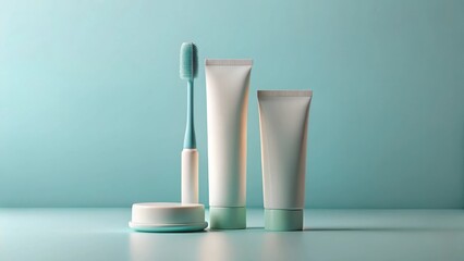 Serene Aqua-Toned Bathroom Essentials Display Featuring a Soft Bristled Toothbrush and Elegant Tubes