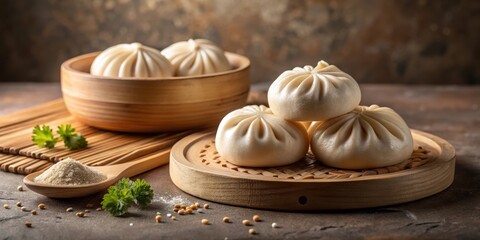Steamed Buns, Wooden Bowls, and Aromatic Seasonings on a Rustic Tabletop