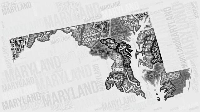 Maryland Animation. Visual effect of Maryland counties appearing in black and white word clouds style. State intro video. Amazing Animated Motion Graphics.