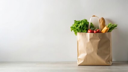 A Kraft Paper Bag Filled with Fresh Produce and Bread on a Tabletop