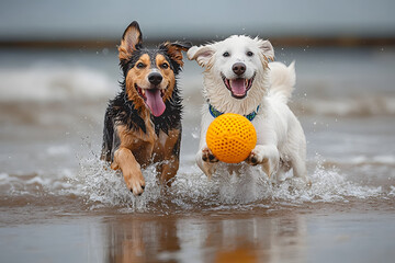 two happy dogs playing with a toy on the beach in water