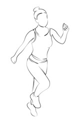 One continuous single drawing line art flat doodle sport, running, woman, female, adult, lifestyle, athlete, jogging. Isolated image hand draw contour on a white background, hand drawn, not AI