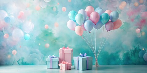 A festive scene featuring pastel-colored balloons and elegantly wrapped presents against a dreamy backdrop