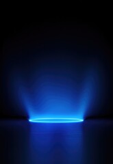 Blue podium with blue neon ring on dark blue background for model products, stage showcase, promotion display.