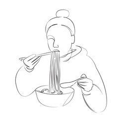 One continuous single drawing line art flat doodle child, eating, food, female, meal, noodle, girl, young, pasta. Isolated image hand draw contour on a white background, hand drawn, not AI