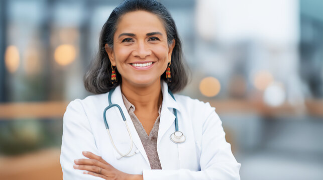 portrait of a female Native-American or Indigenous doctor, standing with arms crossed and wearing lab coat and stethoscope, copy space