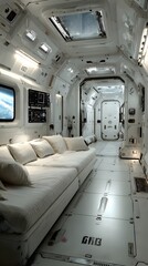 Obraz premium Spaceship Lounge: Futuristic spaceship interior design, featuring a comfortable lounge area with white sofas and pillows, large windows, and sleek metallic walls.