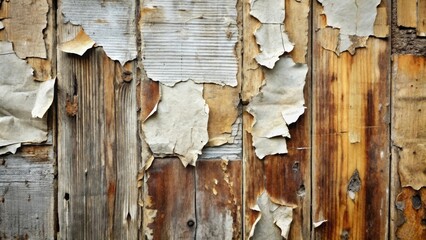 A weathered wooden surface with peeling paint and decaying paper remnants reveals a textured history of time and neglect