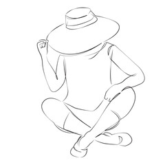 One continuous single drawing line art flat doodle hat, woman, person, beauty, adult, fashion, portrait. Isolated image hand draw contour on a white background, hand drawn, not AI