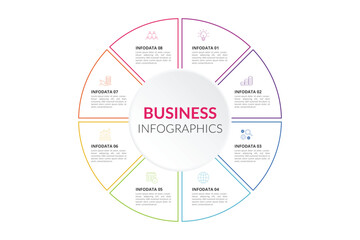 Collection of vector circle chart infographic templates for presentations, advertising, layouts, annual reports. 8 options, steps, parts.