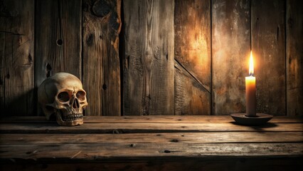 A dimly lit wooden surface displays a human skull and a burning candle