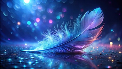 A Single Illuminated Feather Resting on a Reflective Surface with Sparkling Lights