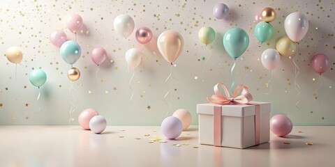 A Festive Celebration Featuring Pastel Balloons and a Gift Box, Perfect for a Birthday or Special Occasion