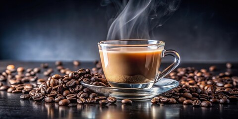 Aromatic Coffee Steam Rising from a Glass Cup Surrounded by Roasted Beans