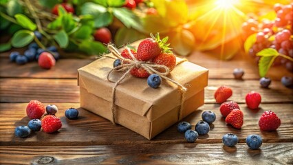 A rustic brown gift box adorned with fresh strawberries and blueberries, nestled amidst a scattering of ripe raspberries and blueberries on a wooden surface, bathed in warm sunlight.