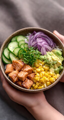 Vibrant vegan poke bowl with assorted vegetables in hands