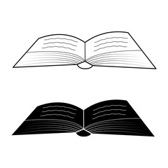 Open Book Vector Illustration Outline and Solid Versions. The top version features a clean black outline with curved lines. The bottom version is a solid black silhouette.