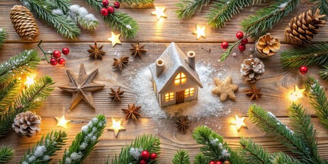 A Festive Winter Scene with a Lighted House, Pine Branches, and Star-Shaped Ornaments on a Wooden Surface