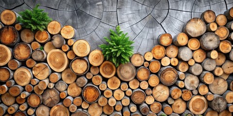 A Rustic Arrangement of Wooden Logs and Greenery Against a Weathered Background