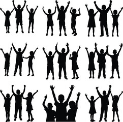 Many silhouette kids with arms raised in various poses appear excited in the vector