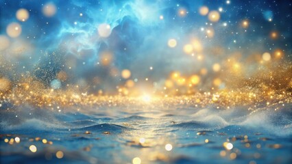 Celestial Sparkle A Dreamlike Landscape of Shimmering Gold and Azure Waters Under a Starry Sky