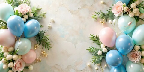 Pastel Balloons and Delicate Floral Arrangement on Textured Background