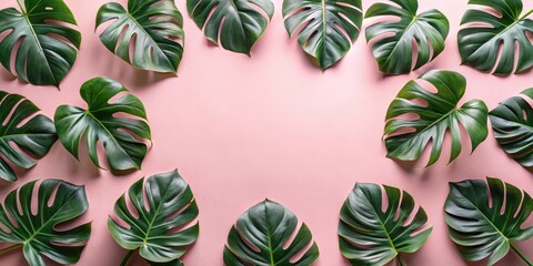 Vibrant Green Tropical Foliage Arranged on a Soft Pink Background, Creating a Striking Natural Frame for Text or Design Elements