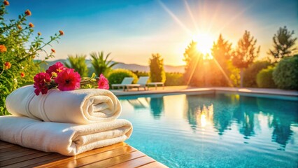 Serene Sunset Poolside Relaxation with Freshly Laundered Towels and Vibrant Flowers