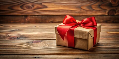 A thoughtfully wrapped gift box with a vibrant red ribbon, resting elegantly on a rustic wooden surface.