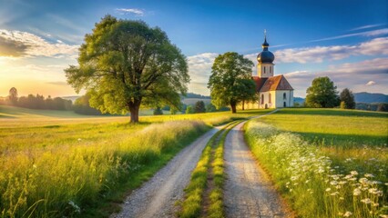 Serene Sunset Landscape Featuring a Picturesque Church and a Dirt Road Winding Through a Lush Meadow