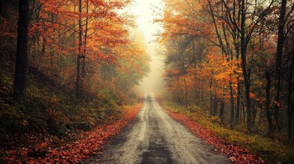 Obraz premium Autumnal Road Through Misty Forest