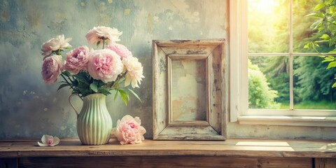 Rustic Windowsill Still Life Featuring Delicate Pink Peonies in a Vintage Pitcher and an Ornate Empty Frame