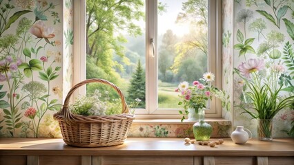 Serene Windowsill Still Life with Blooming Flowers in a Basket and Vase, Sunlight Streaming Through Window, Botanical Wallpaper