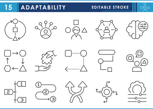A set of line icons related to Adaptability. Adapt, fit, shapes, flexible, and so on. Vector editable stroke.