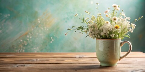 A Rustic Still Life Featuring Delicate Wildflowers in a Light Green Mug on a Wooden Table Against a Textured Teal Background