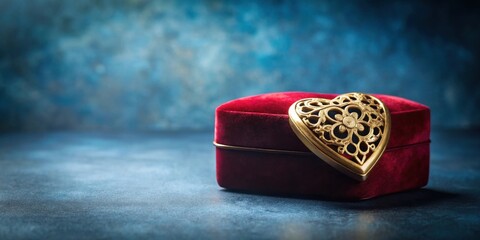 A crimson velvet heart-shaped box rests on a dark surface, adorned with a golden filigree heart, symbolizing love and precious moments.