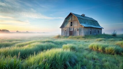 Serene Sunrise Over a Rustic Barn in a Misty Meadow